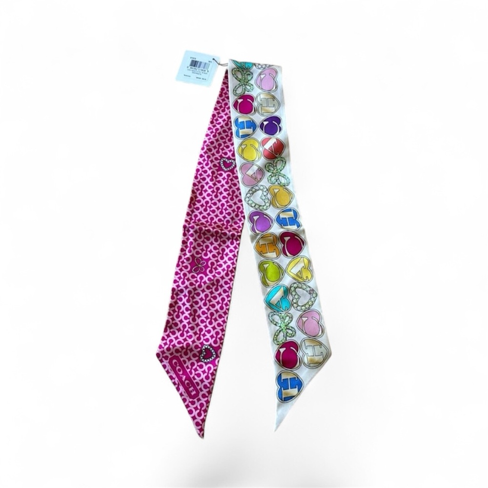 NWT Coach Silk Heart Print Skinny Scarf Multicolor